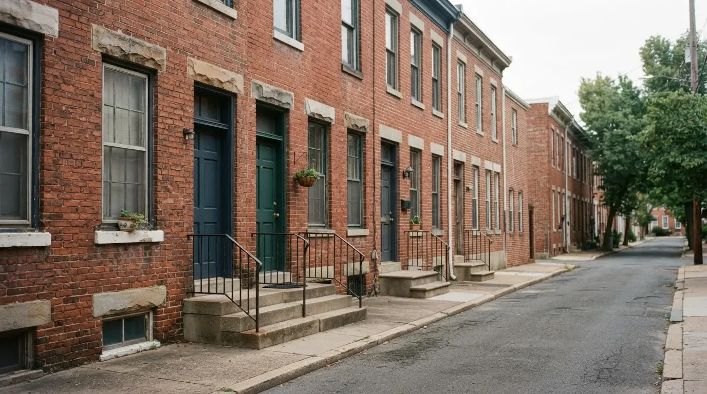 A row of older red brick row houses with front stoops on a narrow street