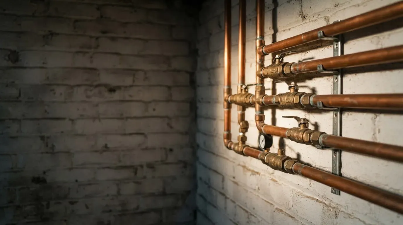 Parallel copper pipe runs with brass valves along a whitewashed brick wall