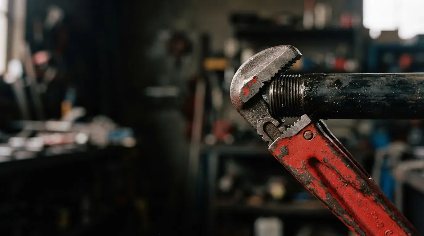 A red pipe wrench gripping a threaded black iron pipe