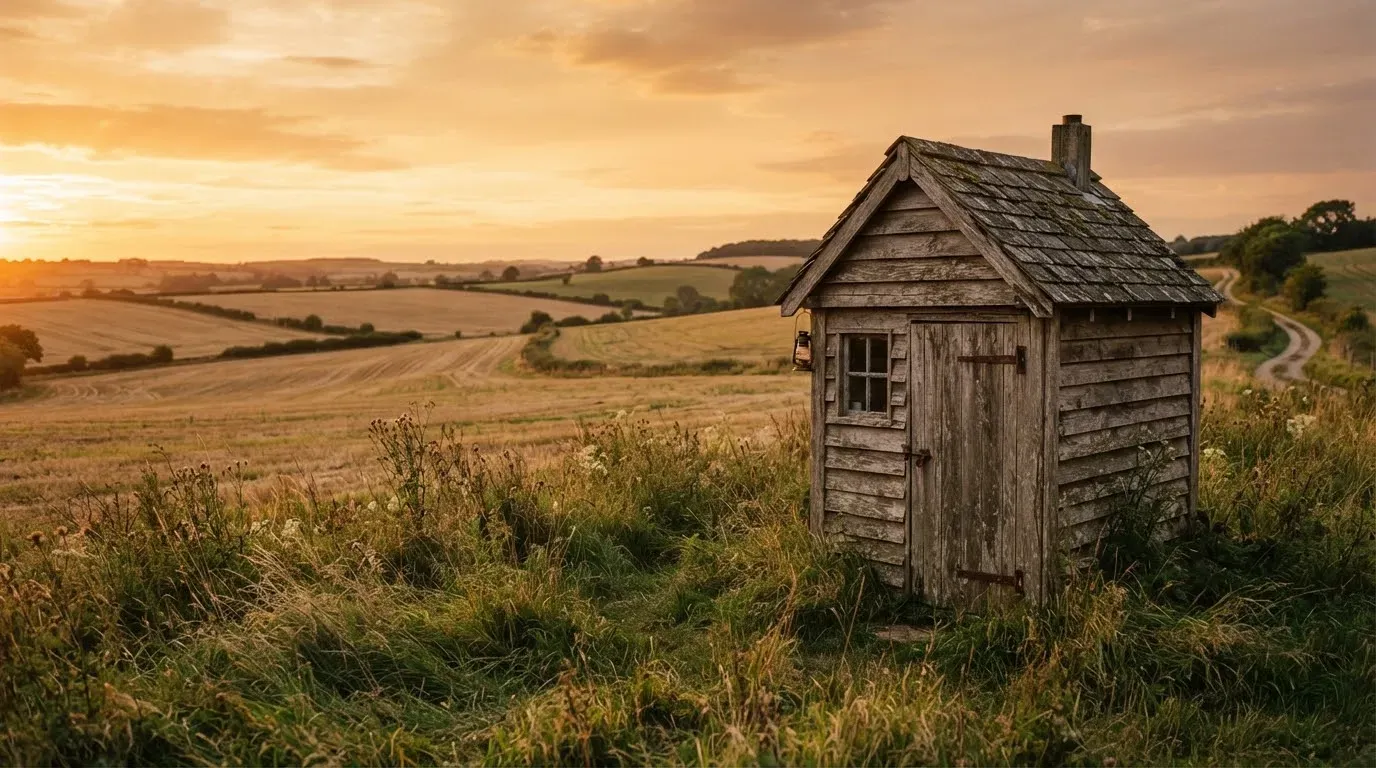 A small wooden shed above rolling farmland at sunset