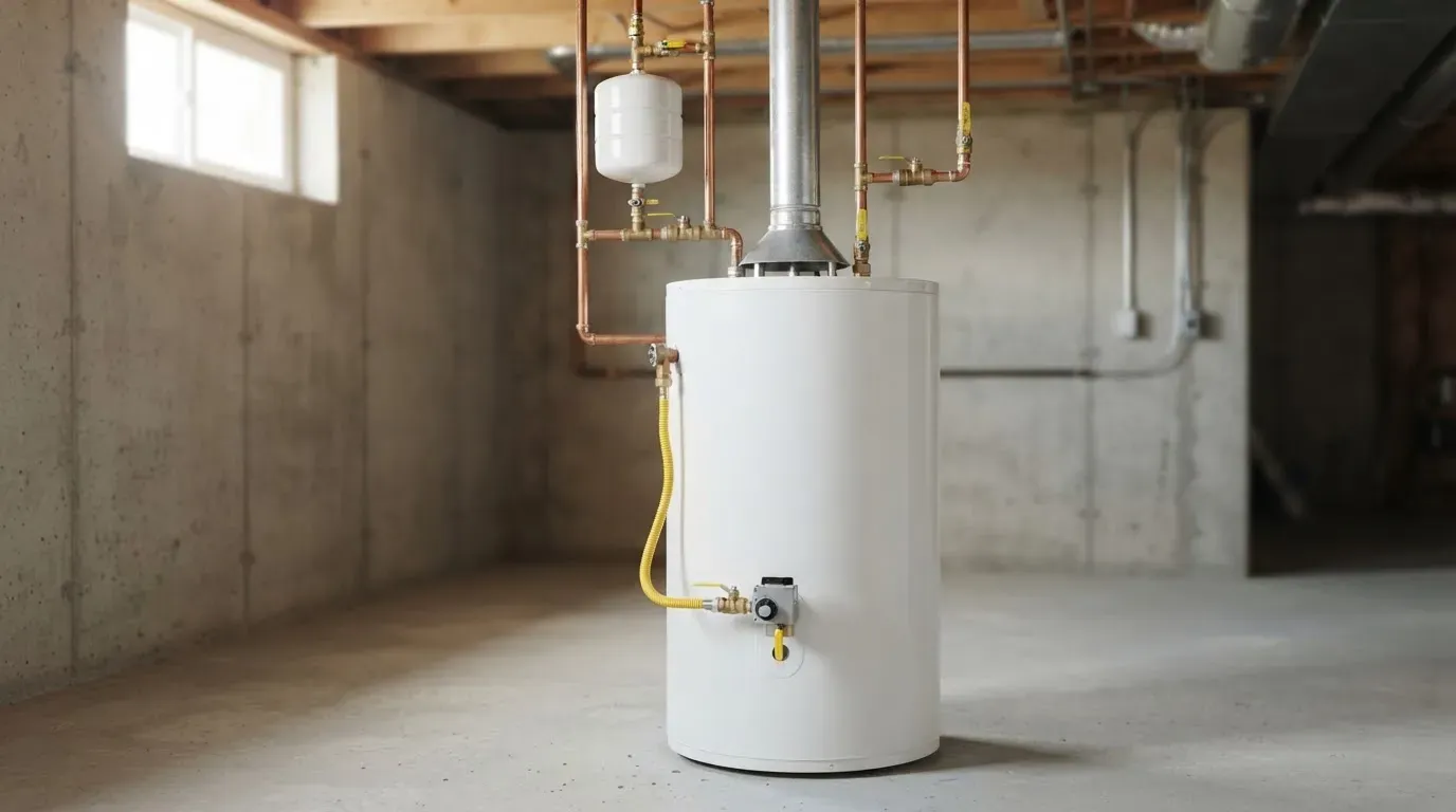 A gas water heater with an expansion tank, flue and copper connections in a basement