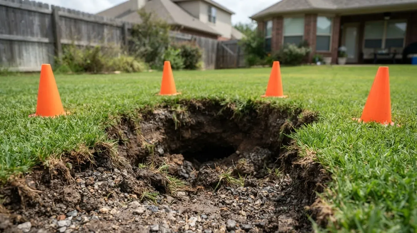 A small sinkhole opened in a backyard lawn, marked with orange cones