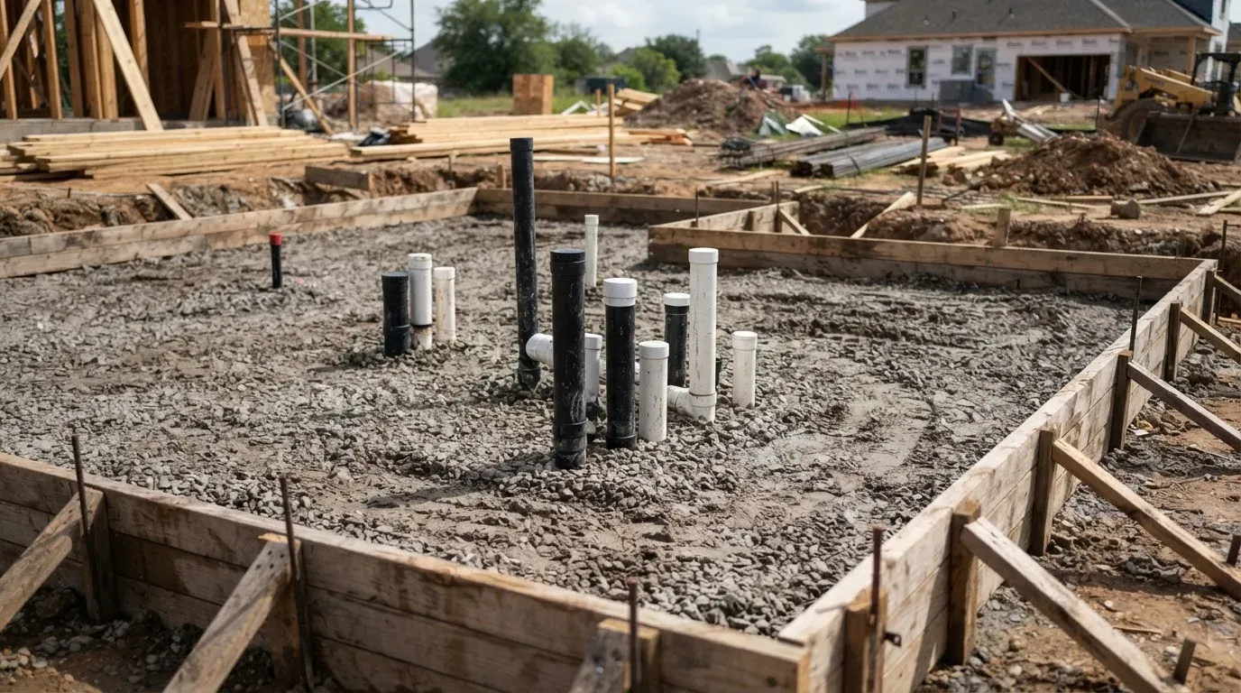 Plumbing stub-ups rising from the gravel base of a house foundation before the slab is poured