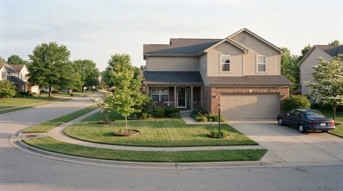 A two-story vinyl-sided house with an attached garage on a cul-de-sac