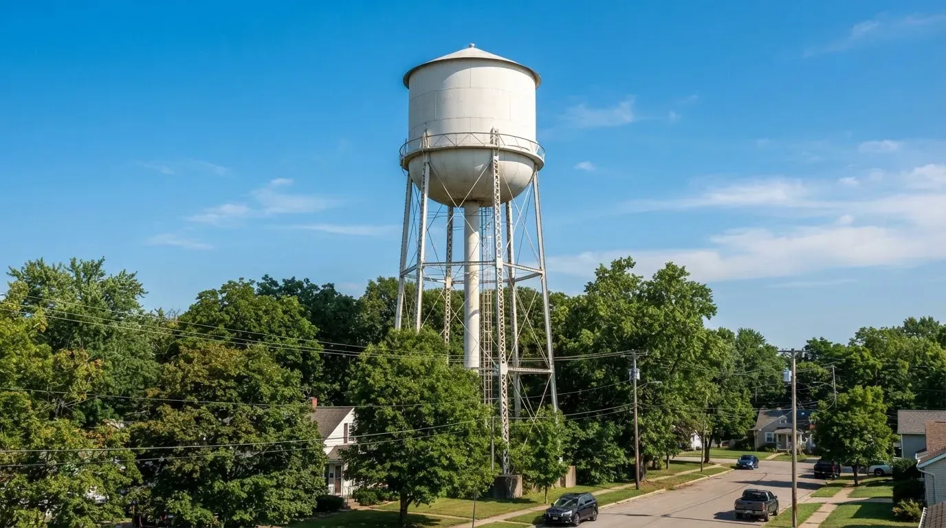 A plain white water tower rising above trees in a residential neighborhood