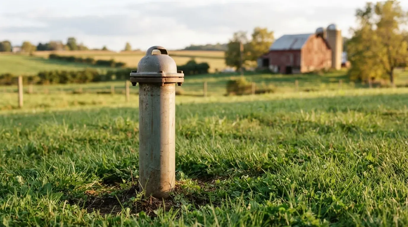 A capped steel well casing standing in a field with a barn behind